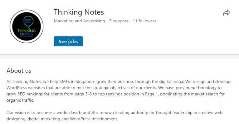 27 Free Ways To Improve SEO (Onsite And Offsite) 9 Image showing Thinking Notes' official Linkedin page, to illustrate the usefulness of it for SEO.