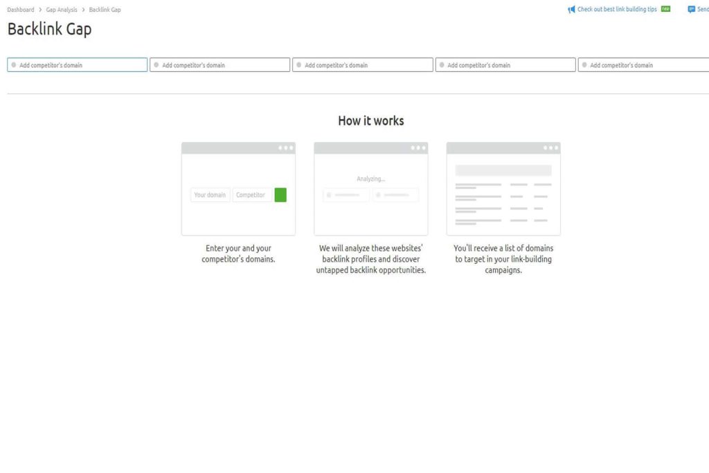 A Brief Review: SEMRush 6 Image showing the Backlink Gap function of SEMRush.