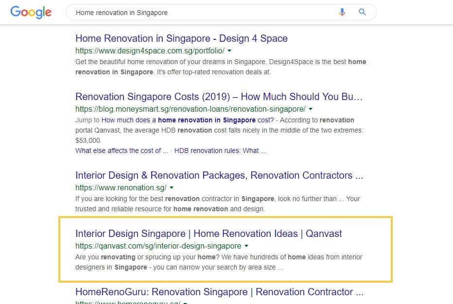 search result on home reno in singapore